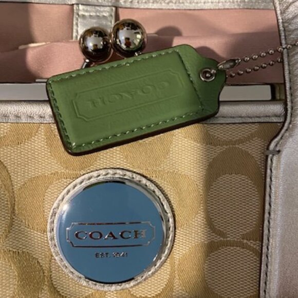 Coach #F17444 Khaki Monogram Canvas Multicolor Leather Stripe Doctors Bag Purse - Picture 3 of 12